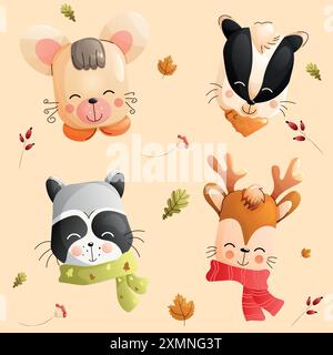 I bambini adorano gli animali della foresta con elementi autunnali. Una collezione di topo, procione, tasso e cervi Illustrazione Vettoriale