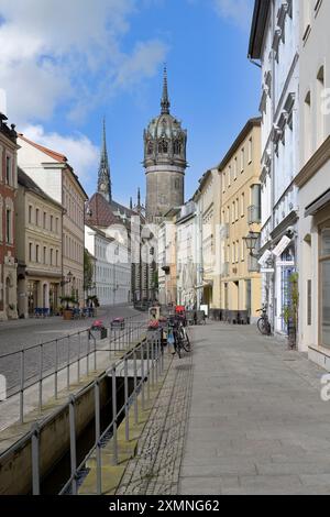 Torre della Chiesa di tutti i Santi o Chiesa del Castello, città di Lutero Wittenberg, Sassonia Anhalt, Germania Foto Stock