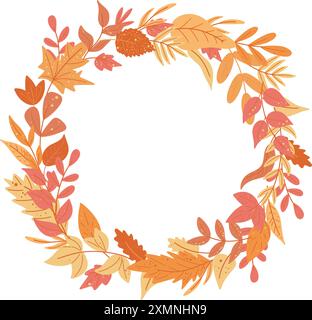 Corona di foglie autunnali con spazio per copie. La caduta dell'arancio lascia il cappellino. Cornice arrotondata per invito, pubblicità, vendita e altri design, vettore Illustrazione Vettoriale