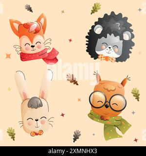 Bambini simpatici animali della foresta con sciarpe accoglienti. La collezione presenta una volpe, un orso, un coniglietto e un gufo. Illustrazione Vettoriale