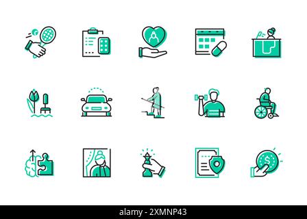 Life in Retirement - serie di icone di stile di design della linea Illustrazione Vettoriale