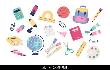 Elementi scolastici per bambini. Set di forniture scolastiche. Illustrazione vettoriale in stile piatto Illustrazione Vettoriale