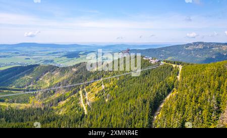 Vista aerea dello Sky Bridge 721, la passerella sospesa più lunga del mondo, che si estende su una montagna boscosa in Cechia. La torre panoramica Sky Walk si erge nelle vicinanze e offre vedute panoramiche Foto Stock