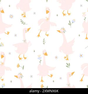 Motivo senza cuciture di oche. I personaggi d'oca dei cartoni animati stampano per la carta da parati che avvolge il tessuto. Design in tessuto per bambini con graziosi uccelli e sfondo vettoriale Illustrazione Vettoriale