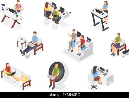 Freelance isometrici. Uomini e donne che lavorano con notebook e tablet da casa. Studenti blogger e giornalisti, accogliente set di vettori impeccabili sul luogo di lavoro Illustrazione Vettoriale