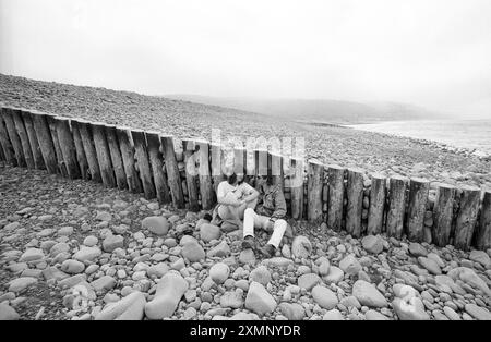 Un riparo dal vento sulla spiaggia di Porlock Bay , Exmoor , Somerset , dove gli agricoltori si oppongono al National Trust permettendo al mare di recuperare la sua vecchia costa 11 luglio 1994 Foto Stock