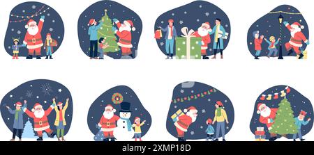 Babbo Natale e i bambini. Complimenti per l'anno nuovo e natale. Attività per le vacanze invernali con divertenti amici di famiglia di babbo natale, scene vettoriali recenti Illustrazione Vettoriale