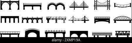 Sagome Bridge nere. Costruzioni di architettura industriale urbana, elementi di design urbano. Diversi ponti per città e villaggio, vettoriale di neve Illustrazione Vettoriale