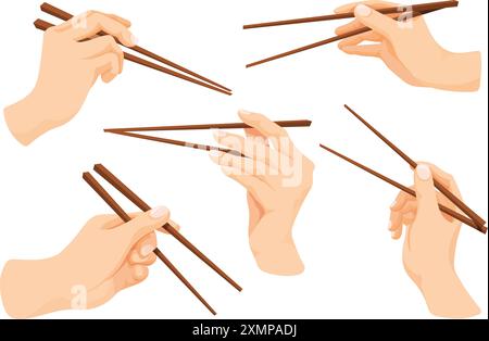 Impugnare le bacchette. Mani che reggono il bastoncino per mangiare pesce asiatico, bastoncino giapponese per mangiare sushi cinese giapponese nel braccio, cartoni animati orientali illustrazioni vettoriali Illustrazione Vettoriale