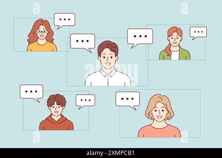 Videoconferenze persone su Internet per concordare un progetto aziendale o una formazione congiunta durante il webinar didattico. Tecnologie cloud per l'organizzazione di videoconferenze e chiamate di massa tra i dipendenti dell'azienda Illustrazione Vettoriale