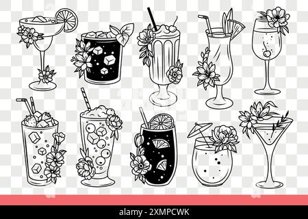 Cocktail freddi con ghiaccio in bicchieri diversi dal nightclub o dal bar sulla spiaggia per i turisti. I bicchieri con un delizioso cocktail sono decorati con ghiaccio e fette di frutta o foglie di menta. Scarabocchio disegnato a mano Illustrazione Vettoriale