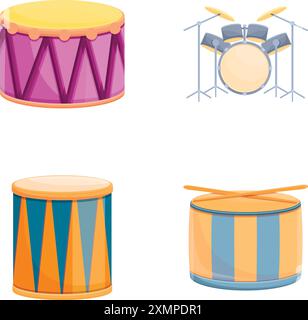 Le icone degli strumenti di percussione impostano il vettore dei cartoni animati. Tamburo di stile e colore diversi. Strumento musicale a percussione Illustrazione Vettoriale