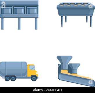 Le icone della produzione alimentare impostano il vettore dei cartoni animati. Attrezzature per la produzione di formaggio. Industria alimentare Illustrazione Vettoriale