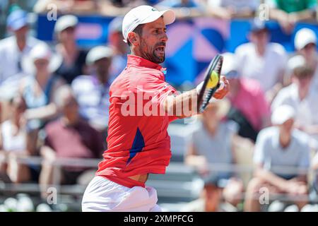 Parigi, Francia. 29 luglio 2024. PARIGI, FRANCIA - LUGLIO 29: Novak Djokovic della Serbia gareggia nel secondo turno maschile del terzo turno di Tennis - Giochi Olimpici Parigi 2024 al Roland Garros il 29 luglio 2024 a Parigi, Francia. (Foto di Joris Verwijst/Agenzia BSR) credito: Agenzia BSR/Alamy Live News Foto Stock