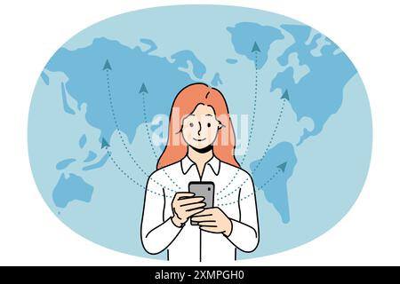 Donna con telefono utilizza la tecnologia 5G in prossimità della mappa del mondo e si scambia informazioni con server internazionali. La ragazza con lo smartphone è addetta alla navigazione in rete grazie alla connessione 5G veloce Illustrazione Vettoriale