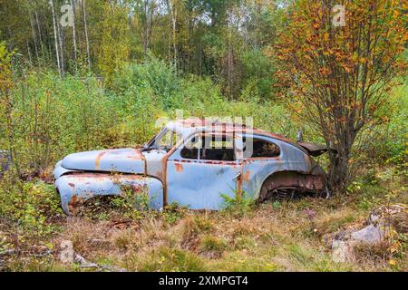 Una vecchia macchina arrugginita lasciata nel bosco Foto Stock