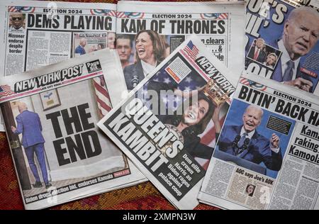 Sensazionali momenti salienti e copertura del ritiro di Biden sul New York Post Newspaper, Stati Uniti, luglio 2024 Foto Stock