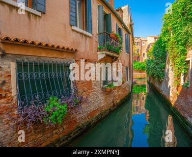 Venezia, Italia - 5 giugno 2024: Stretto e colorato canale di Venezia. Foto Stock