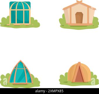 Le icone Glamp impostano il vettore dei cartoni animati. Moderna e confortevole tenda glamping. Viaggio, riposo e avventura Illustrazione Vettoriale