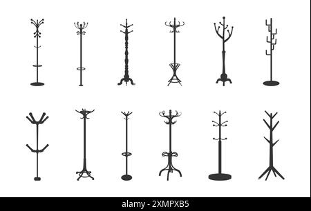 Silhouette del guardaroba, vettoriali del supporto del cappotto, logo del supporto in tessuto, set vettoriale del supporto dei panni Illustrazione Vettoriale