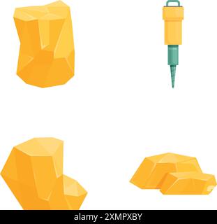 Le icone di produzione oro impostano il vettore dei cartoni animati. Attrezzature minerarie e pepite d'oro. Goldmine Illustrazione Vettoriale
