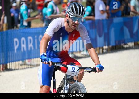 Elancourt, Francia. 29 luglio 2024. Victor Koretzky ( fra ), Ciclismo Mountain Bike, Cross-country maschile durante i Giochi Olimpici di Parigi 2024 il 29 luglio 2024 a Elancourt Hill a Elancourt, Francia - foto Federico Pestellini/Panoramic/DPPI Media Credit: DPPI Media/Alamy Live News Foto Stock