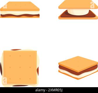 Cartoni animati assortiti più illustrazioni con marshmallow. Cioccolato. E graham cracker. Perfetto per una deliziosa delizia estiva al falò. In un design vettoriale divertente e adatto ai bambini Illustrazione Vettoriale