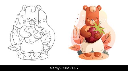 Una graziosa pagina da colorare Cartoon Bear in bianco e nero e versioni a colori. Set di animali per bambini. Illustrazione Vettoriale