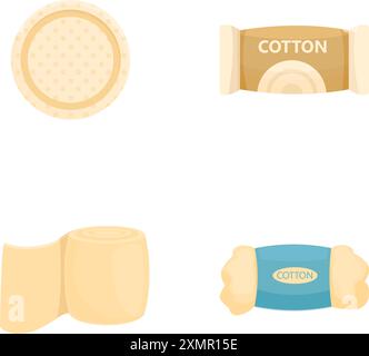 Set di illustrazioni vettoriali con quattro icone di prodotti in cotone, ideale per il settore sanitario e cosmetico Illustrazione Vettoriale