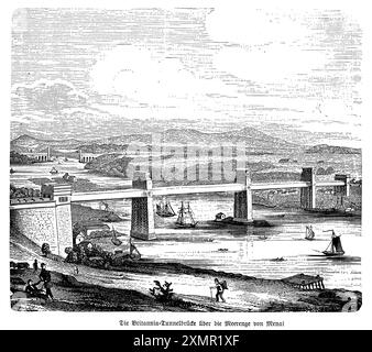 Questa incisione cattura il Ponte Britannia che attraversa lo stretto di Menai in Galles, un esempio iconico di ingegneria del XIX secolo. Progettato dal famoso ingegnere Robert Stephenson, il ponte è stato completato nel 1850 e presenta sezioni tubolari in ferro sostenute da enormi torri in pietra. Il ponte collegava l'isola di Anglesey con il Galles continentale, facilitando il trasporto e il commercio. L'opera d'arte illustra la grandiosità del design del ponte, con le sue torri monumentali e le intricate opere in ferro, sullo sfondo delle acque tranquille dello stretto. Foto Stock