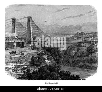 Questa incisione cattura il maestoso Ponte sospeso delle Cascate del Niagara, che si trovava dal 1855 al 1897, che si estende lungo il fiume Niagara tra gli Stati Uniti e il Canada. Progettato da John A. Roebling, questa meraviglia ingegneristica è stato il primo ponte sospeso ferroviario funzionante, che supporta sia il traffico ferroviario che quello pedonale. L'opera d'arte mostra l'elegante ma robusta struttura a due piani, con i suoi torreggianti moli in pietra e i graziosi cavi di sospensione. Sullo sfondo spettacolare delle cascate, il ponte simboleggia lo spirito pionieristico e i progressi tecnologici dell'epoca Foto Stock
