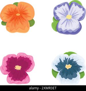 Collezione di fiori vettoriali vibranti e colorati con petali e foglie, perfetta per design floreale, opere d'arte botaniche ed elementi grafici decorativi in primavera ed estate Illustrazione Vettoriale