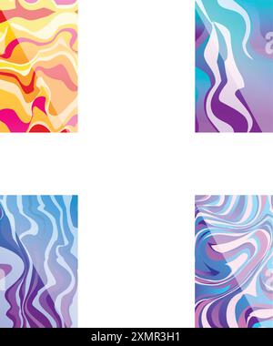 Raccolta di quattro sfondi con motivi a onde fluide e colorate Illustrazione Vettoriale