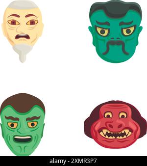 Collezione di quattro coloratissimi volti di mostri cartoni animati che mostrano varie espressioni Illustrazione Vettoriale