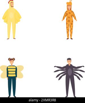 Quattro diversi personaggi dei cartoni animati vestiti da insetti colorati per feste o spettacoli teatrali Illustrazione Vettoriale