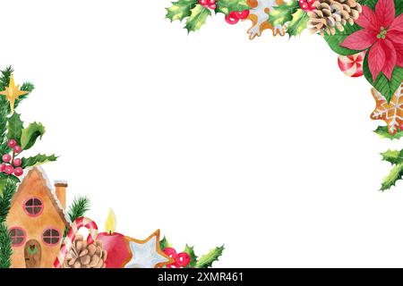 Cornice natalizia Acquerello illustrazione disegnata a mano con agrifoglio, biscotto di pan di zenzero, rami di pino, bacche rosse, campane dorate, candela, canna da zucchero Foto Stock