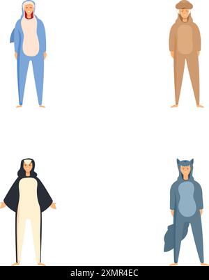 Collezione di quattro personaggi dei cartoni animati vestiti con simpatici accessori animati Illustrazione Vettoriale