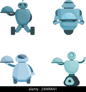 Collezione di quattro diversi robot di servizio in stile cartoni animati, ciascuno con un vassoio da portata Illustrazione Vettoriale