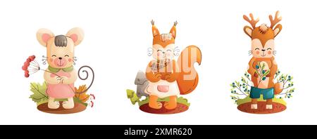 Simpatico set di animali per bambini. Affascinanti e deliziose illustrazioni di animali di Woodland, perfette per bambini e bambini Illustrazione Vettoriale