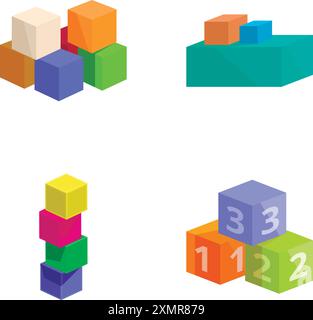 Collezione di vivaci forme geometriche 3d, inclusi cubi impilati e blocchi numerici Illustrazione Vettoriale