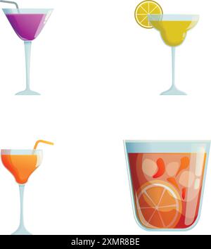 Colorata collezione di quattro bicchieri da cocktail, ideale per bar e feste Illustrazione Vettoriale