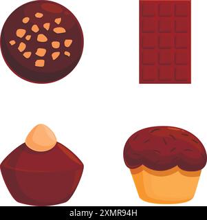 Assortimento di dolcetti al cioccolato con una varietà di deliziosi dolciumi e prodotti da forno, tra cui caramelle, barrette, patatine, praline, muffin e molto altro. Perfetto per soddisfare la tua voglia di dolci Illustrazione Vettoriale