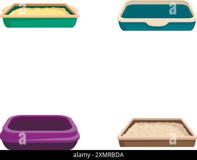 Illustrazione digitale di quattro scatole per lettiere di gatto con vari design, isolate su bianco Illustrazione Vettoriale