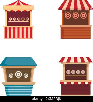 Illustrazione di quattro bancarelle colorate in stile cartoni animati su sfondo bianco Illustrazione Vettoriale