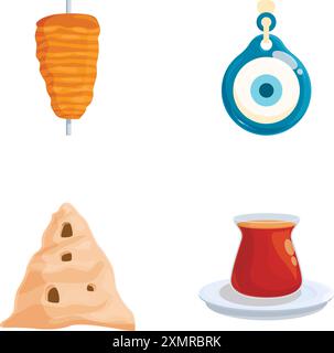 Illustrazione che mostra le icone della cultura turca, tra cui kebab, malocchio, formazioni rocciose e caffè turco Illustrazione Vettoriale