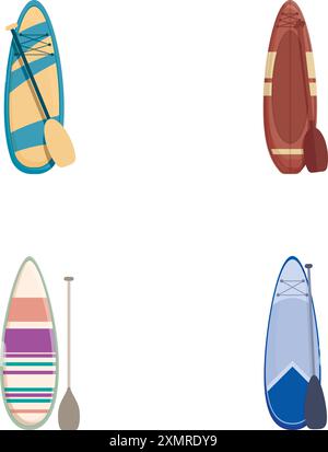 Collezione di quattro icone dal design piatto che rappresentano diverse barche e pale per gli sport acquatici Illustrazione Vettoriale