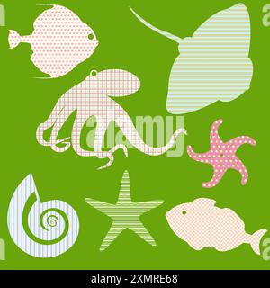 Collezione di sagome di pesce con motivi semplici 3 Illustrazione Vettoriale