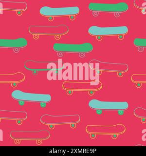 Divertente motivo senza cuciture per skateboard per bambini e ragazzi. Moderno sfondo rosa luminoso in stile urbano. Sfoggia carta da parati e tessuti creativi dallo stile estremo Illustrazione Vettoriale