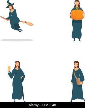 Collezione di quattro persone vestite con classici costumi di halloween, perfetta per i temi stagionali Illustrazione Vettoriale