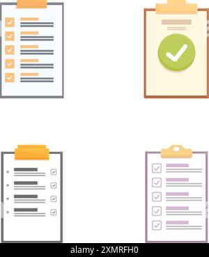Raccolta di quattro icone degli appunti dal design piatto con caselle selezionate e deselezionate, isolate su bianco Illustrazione Vettoriale